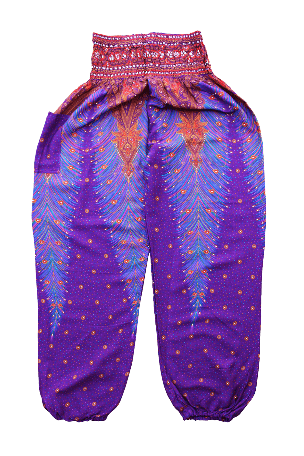Purple Peacock Harem Pants from Bohemian Island. Unisex and made from cotton