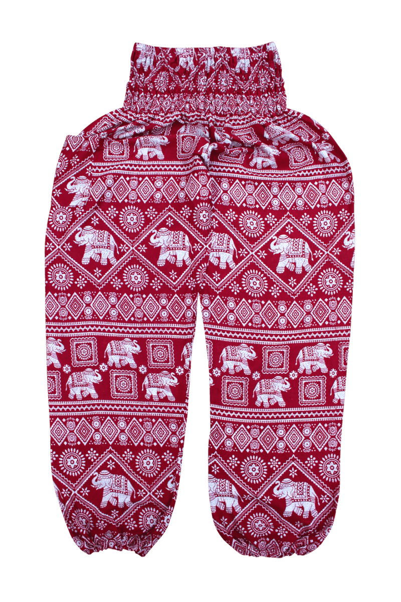 Red Elephant Print Harem Pants with Elastic Bottom, Off-White