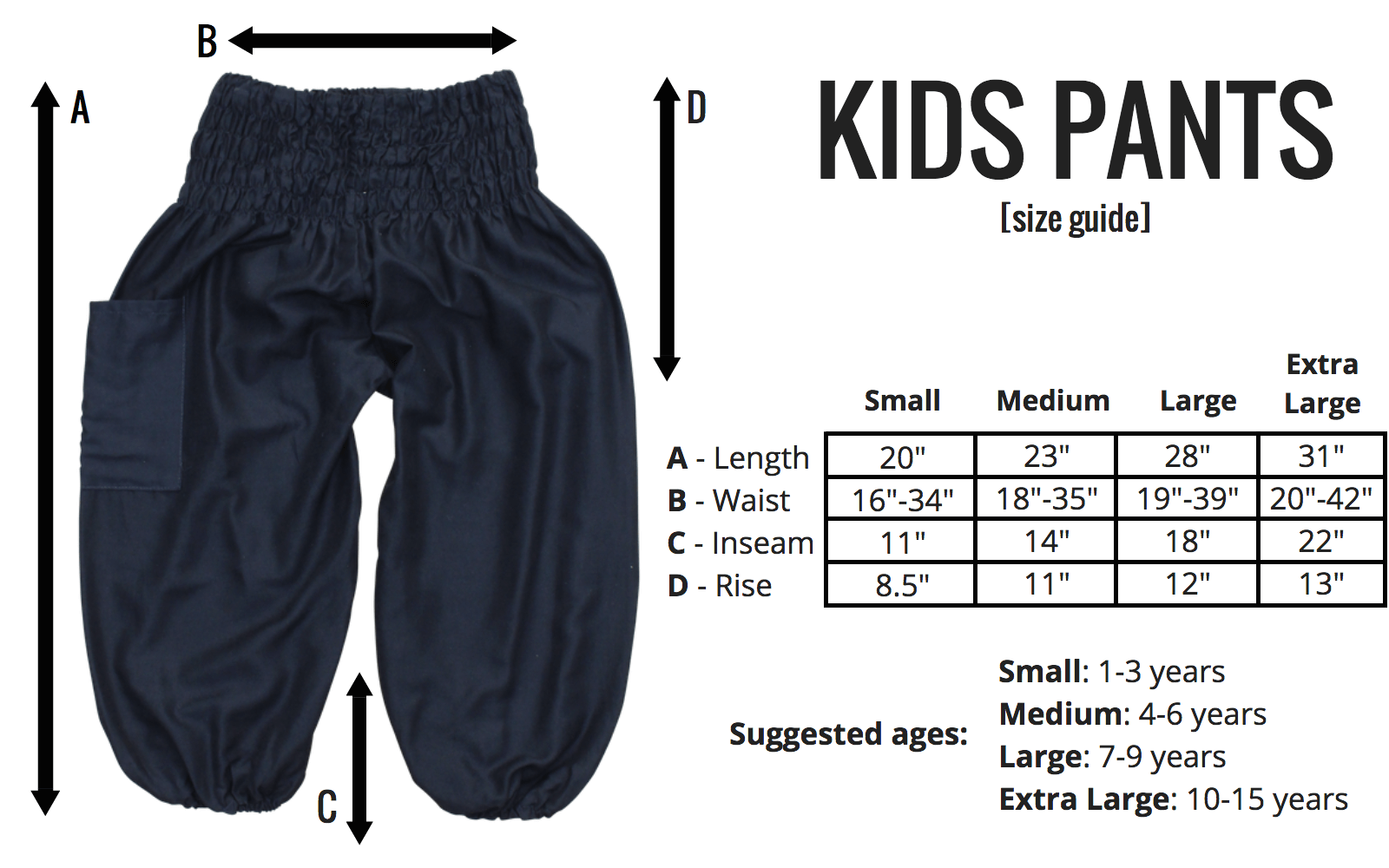 Size Guide for the Kids Harem Pants at Bohemian Island