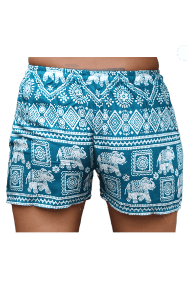 Turquoise Elephant shorts. Cotton clothing from Bohemian Island