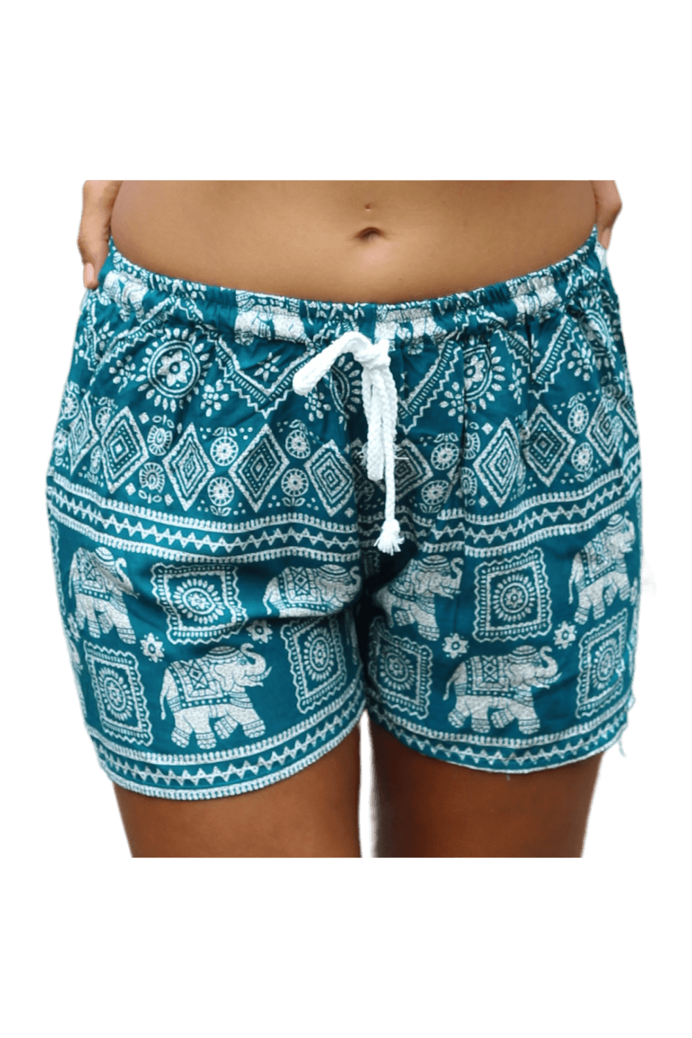 Turquoise Elephant shorts. Cotton clothing from Bohemian Island